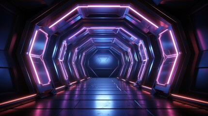 A futuristic sci-fi corridor with glowing neon lights