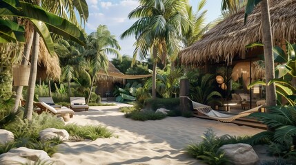 Tropical outdoor oasis with palm trees, hammocks, and a thatched roof cabana