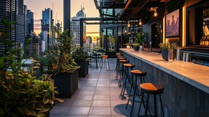 Urban rooftop bar with industrial-style stools and skyline views