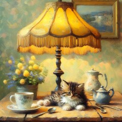 Impressionist oil painting of a small tabby cat sleeping.