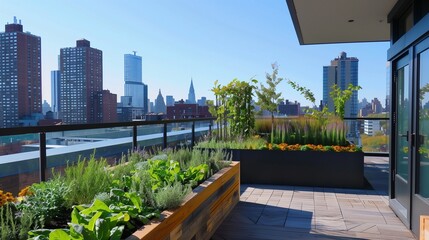 Urban rooftop garden with raised planters and panoramic city views