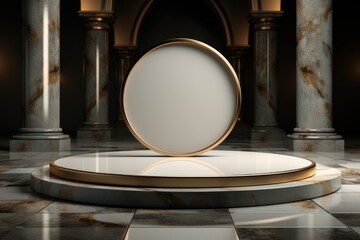 White marble podium with golden ring in dark hall
