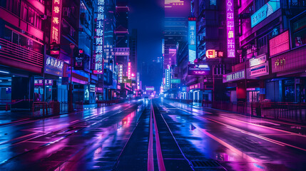 Cyberpunk city street at night with neon lights

