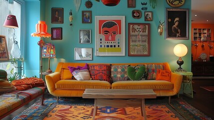 Vintage living room with retro furniture and colorful decor