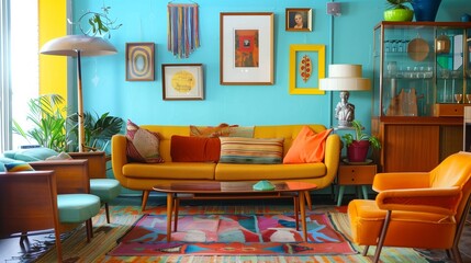 Vintage living room with retro furniture and colorful decor