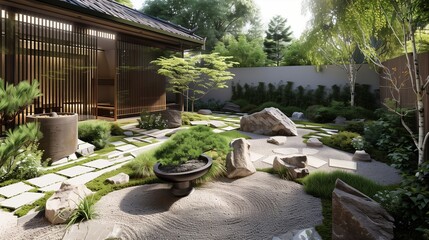 Zen garden with Japanese-inspired landscaping and a meditation space