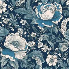 French floral toile blue and white vintage, illustration. 