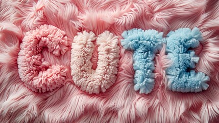 flat lay with the text CUTE formed by Fluffy Texture pastel tone