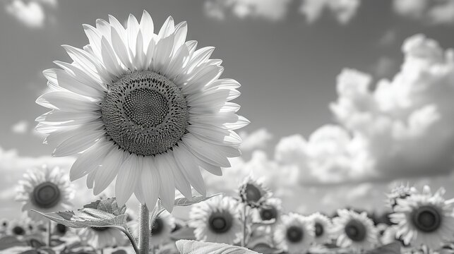   A monochromatic image of a sunflower amidst a sea of sunflowers against a backdrop of billowing clouds