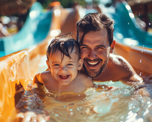 Dad and his son riding a colorful waterpark adventure land waterslide