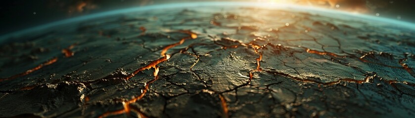 Earth with its oceans drying up, leaving cracked and scorched land