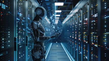 Visualize an AI standing in a stance of power, absorbing the intelligence and data from a fragmented AI entity, set in a server room that pulses with energy