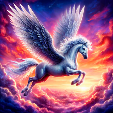 A beautiful winged horse, flying over a vast expanse of colorful clouds. Generated by AI.