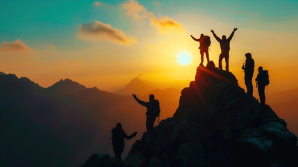 Figures of individuals atop a mountain, evoking success - obrazy, fototapety, plakaty