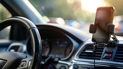 Smartphone Mount in Car A smartphone mount attached to a car dashboard, securely holding a smartphone in place for hands-free navigation and communication while driving.