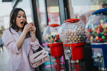 A candid capture of a female enjoying the simple pleasures of a retro gumball machine on a sunny day.
