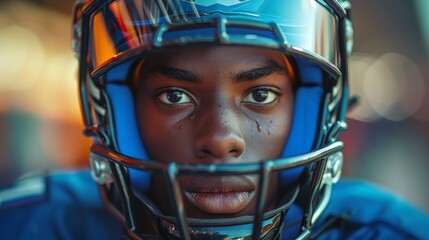 Close Up of Person Wearing Football Helmet. Generative AI