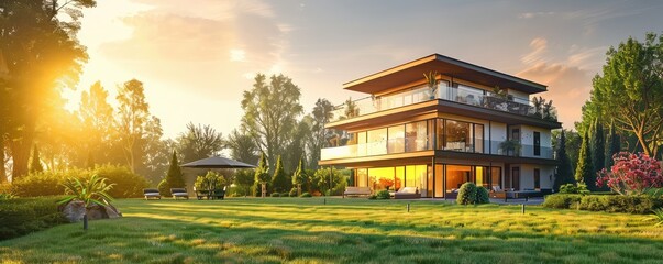 An idyllic, luxurious two-story house with a spacious garden bathed in the warm glow of a sunset.