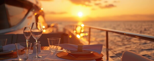 An elegant table setting is arranged on a yacht's deck, with the sun setting in the background,...