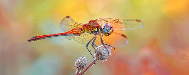 dragonfly perched on a plant stalk with a beautifully blurred background. copy space for text.