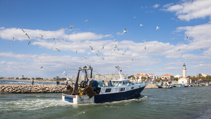 chalutier en mer Méditerranée revenant de la pêche avec des mouettes le suivant devant le port de Port Camargue en France