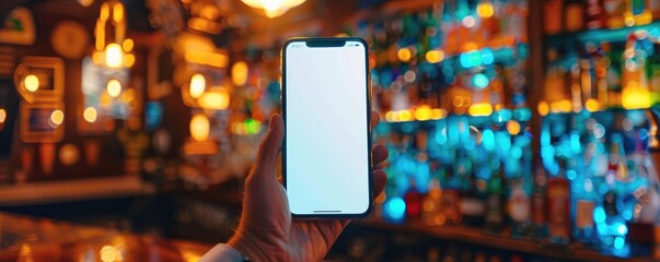 hand holding a smartphone with a blank screen in a lively bar with colorful shelves of bottles in the background