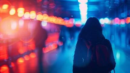 A woman with a backpack walking down the street at night, AI