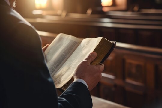 Man reading holy bible in the church publication adult book.