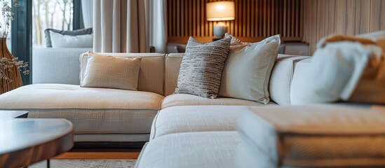 Close-up Modern cozy living room home interior design with upholstered modular soft sofa, nobody.  