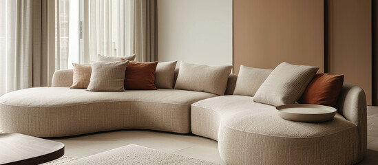 Close-up Modern cozy living room home interior design with upholstered modular soft sofa, nobody.  