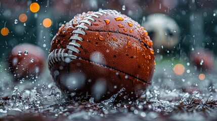 Football on Wet Field. Generative AI