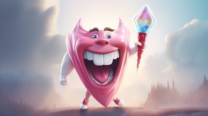 A vibrant illustration of a tooth superhero, with a cape billowing behind and a toothbrush held like a weapon, in a playful ad
