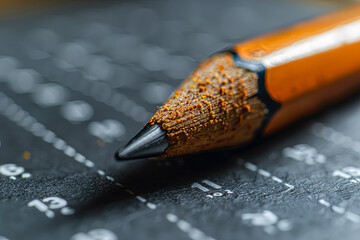 A pencil with a pointy end is laying on a blue and orange grid. The pencil is slightly broken and has a black tip. Concept of focus and concentration - Powered by Adobe