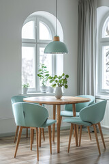 Modern cozy living room home interior design with dining area. Blue mint color soft chairs with round wooden table, nobody. 
