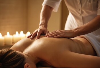 A woman enjoys a relaxing back massage at a spa. Therapist applying techniques for stress relief.