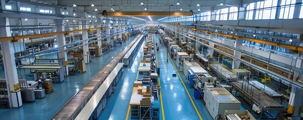 Fototapeta premium Automated car manufacturing assembly line. manufacturing plant with robotic arms and white car bodies in production illustrating industrial automation, banner