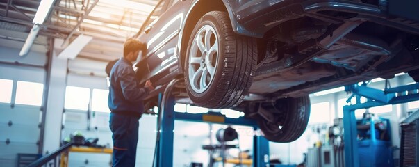A mechanic is busy at work with a vintage red car suspended above him in a warm, atmospheric workshop, suggesting skilled craftsmanship.
