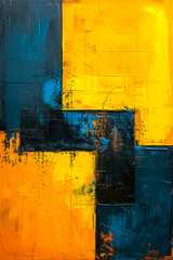 Dynamic textured abstract painting with bold blue and yellow hues