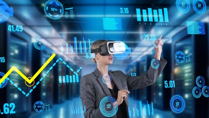 Woman searching dynamic data using hand sliding graph analysis by VR of future global innovation...