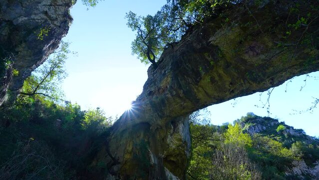 Landscape around the natural stone Arch of Jentilzubi in Dima in the Province of Bizkaia. Basque Country. Spain. Europe