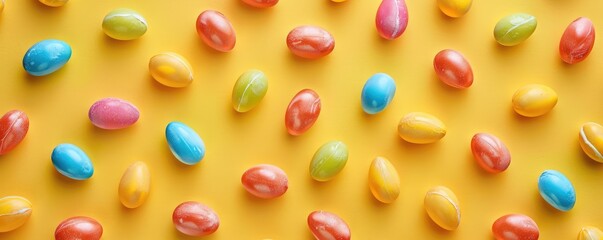 multicolored jelly beans arranged randomly on a yellow background, depicting sweetness and joy.