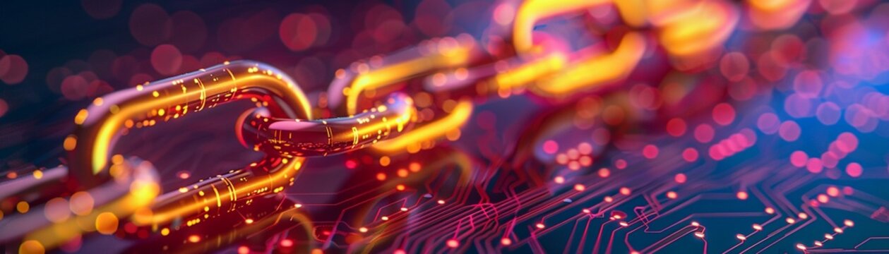 A glowing yellow chain against a background of red and blue circuit board