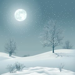 winter night landscape with snow and two trees and moonlight 