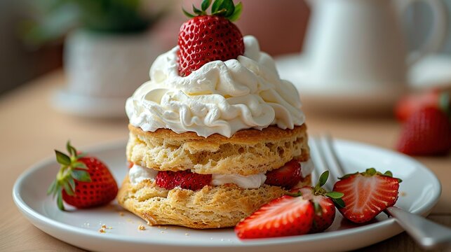   Strawberry shortcake with whipped cream & strawberries on white plate; coffee in background