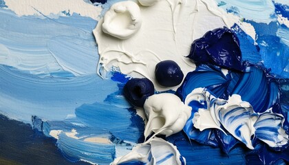 paint and brush in shades of blue, paint palette, smears