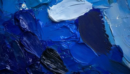 paint and brush in shades of blue, paint palette, smears, paints, lighting, texture