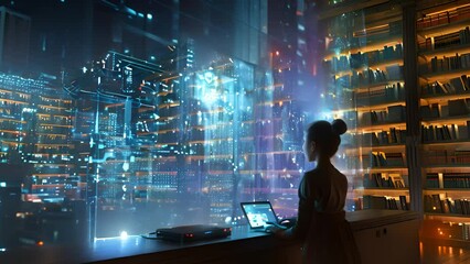 A child interacts with a futuristic library computer interface.