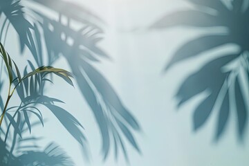 Abstract minimalism meets nature as blurred shadows dance across a light blue wall from palm leaves,