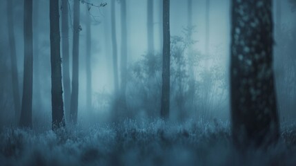 Gazing into a defocused foggy woodland awakens a sense of wonder and mystery as the hazy muted tones of the early morning create a profound stillness that envelops the forest. .