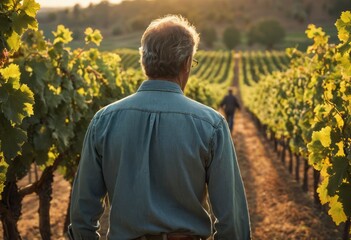 Fototapeta premium An elderly man walks thoughtfully through a vineyard. A connection with nature and agriculture is evident.